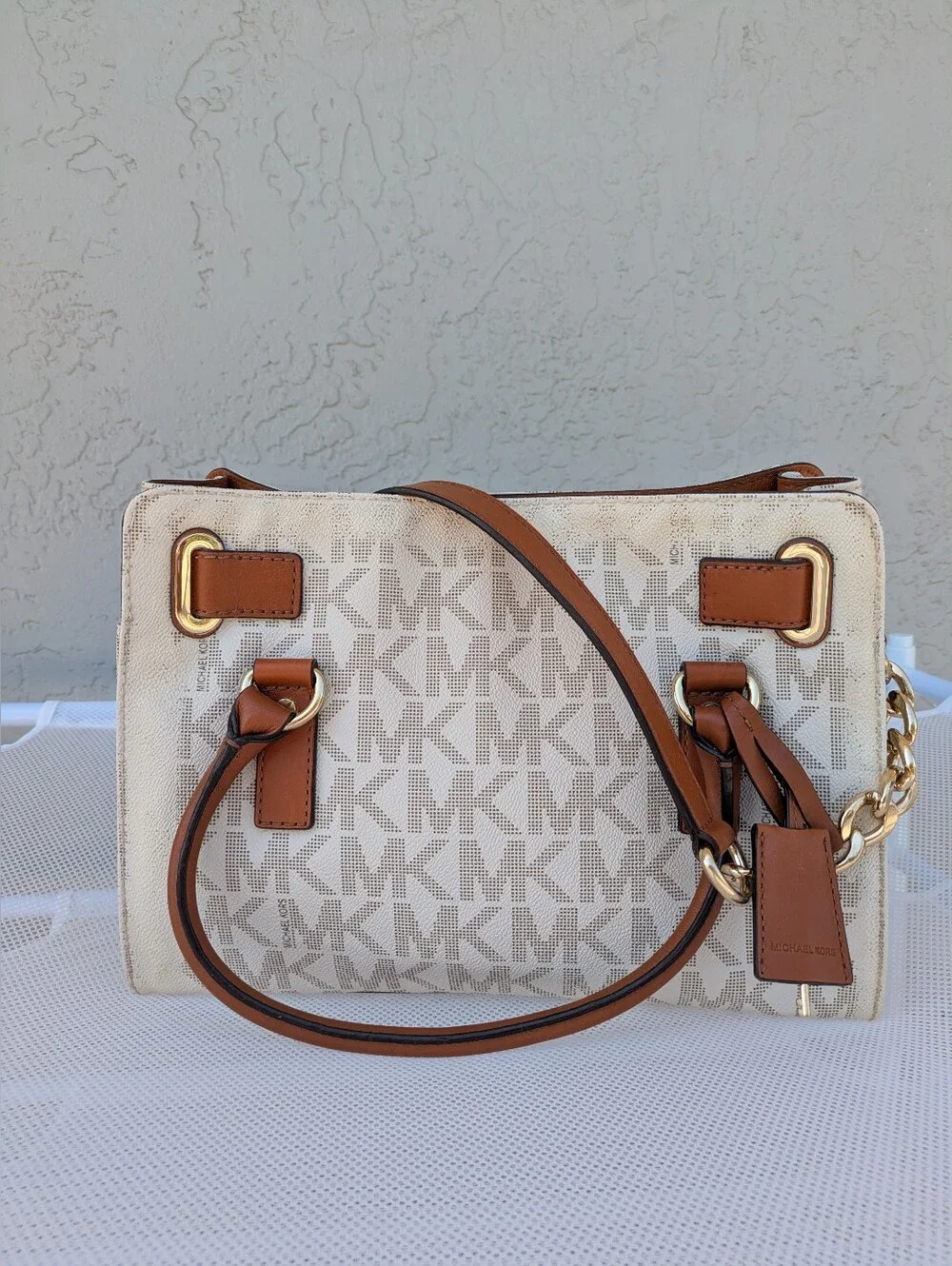 Michael Kors Hamilton Monogram Satchel - White/Tan - Super Clean